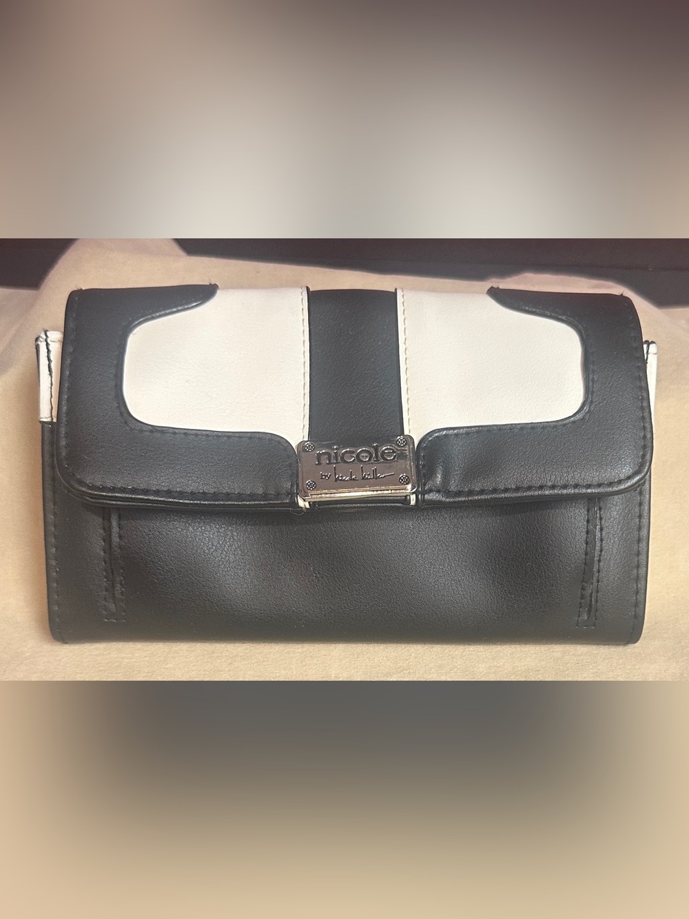 Nicole Miller Black & White Faux Leather Fold Over Flap Snap Close Wallet